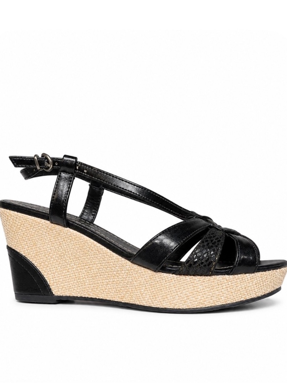 Clarks Black Leather Wedge Sandals Raffia Platform ankle strap open toe SZ 7